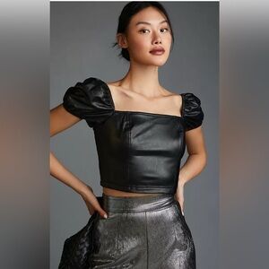 Avec Les Filles Black Puff Sleeve faux leather Crop Top